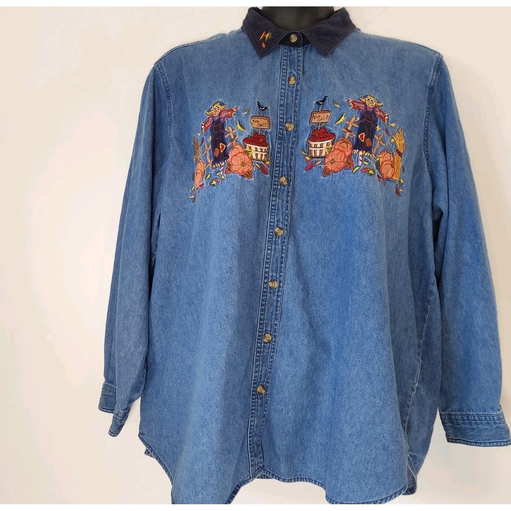 Vintage 90s 22W 24W Denim Shirt Scarecrow Pumpkin Fall Halloween Grandmacore